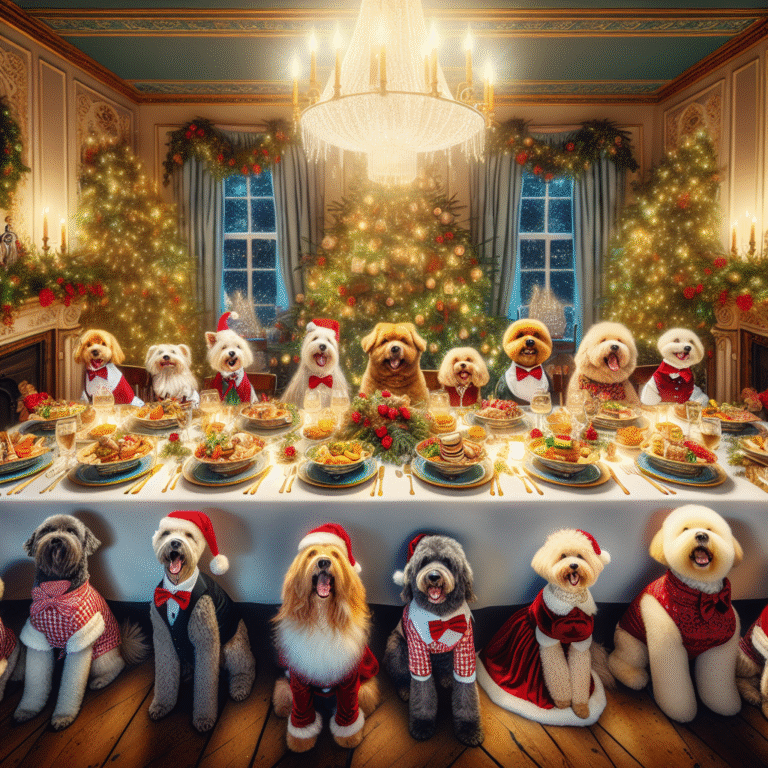 Veertig verklede honden genieten van een driegangenkerstdiner: je gelooft het pas als je het ziet.